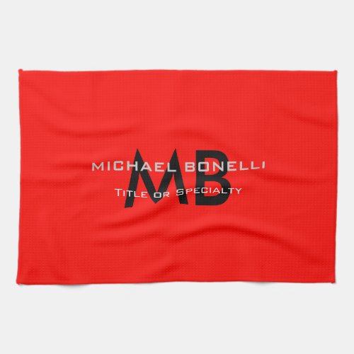 Modern red black monogram initials kitchen towel