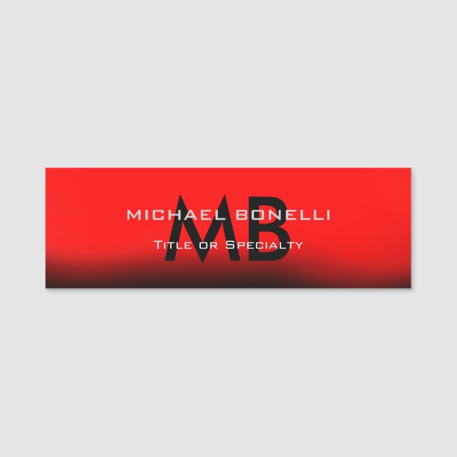 Modern red black monogram initials name tag (Front)