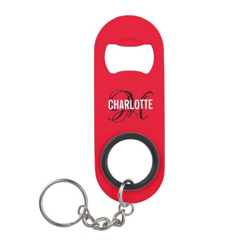 Modern red black monogram name keychain bottle opener