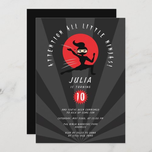 Modern Red Black Ninja Warrior Girl Birthday Party Invitation
