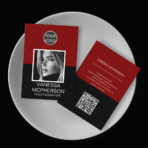 Modern Red & Black Photo Logo QR Code Business Card