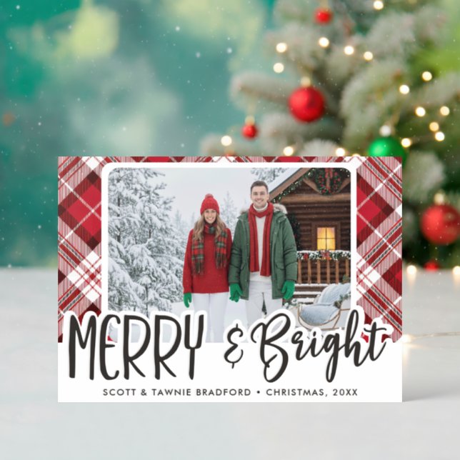 Modern Red Black Plaid Merry Bright Christmas Letterpress Photo Cards (Front (Into))