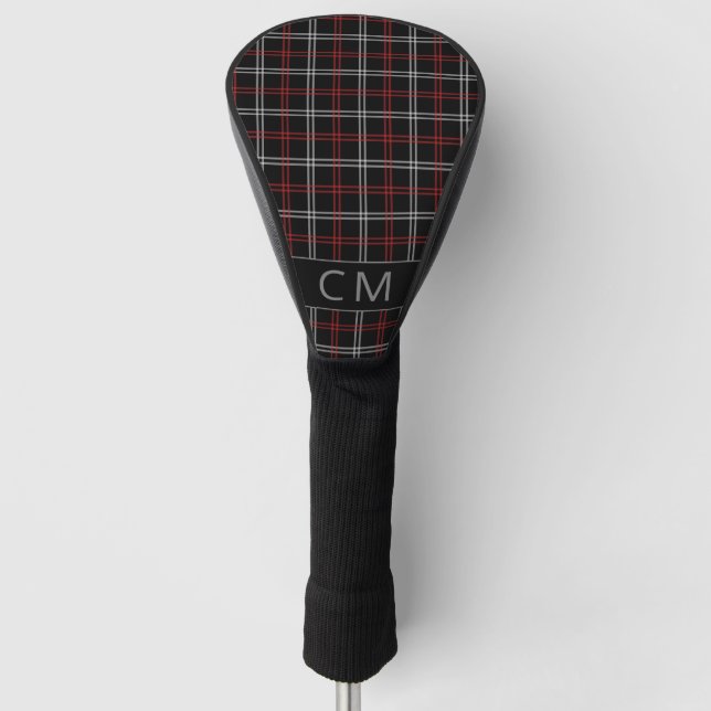 Modern Red Black Plaid Pattern Monogram Stylish Golf Head Cover (Front)