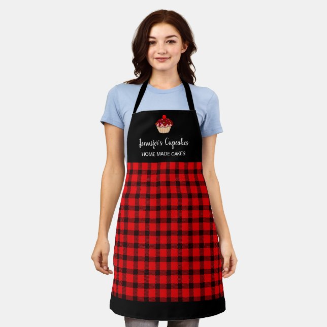 Modern red black plaid professional bakery apron (Worn)