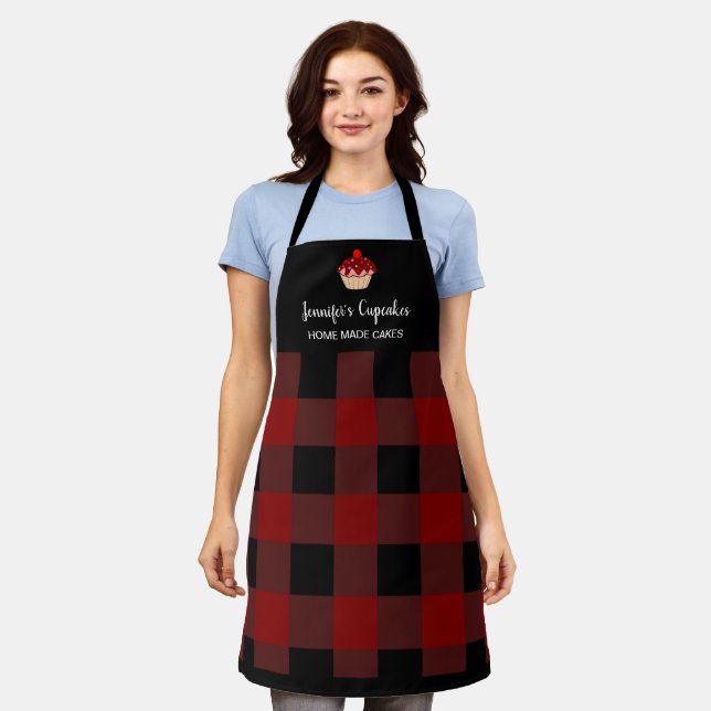 Modern red black plaid professional bakery apron (Worn)