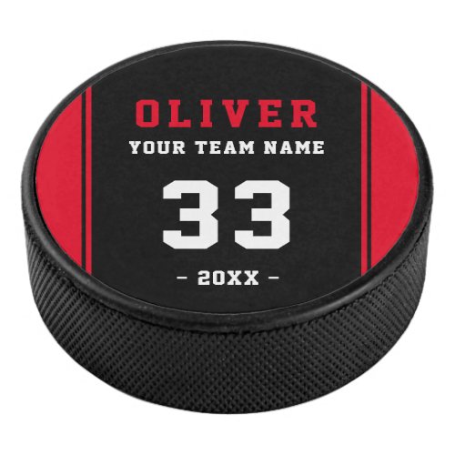 Modern Red Black Player Name Number Team Hockey Puck