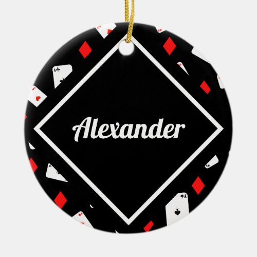 Modern Red  Black Poker Theme Pattern Custom Name Ceramic Ornament