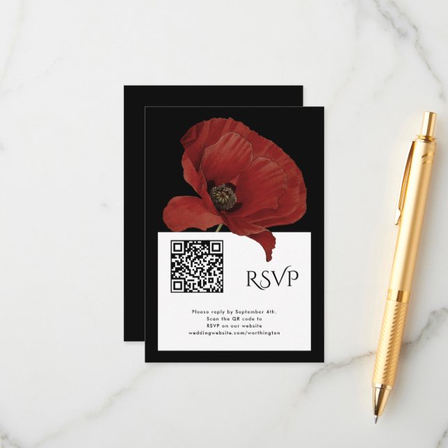 Modern Red Black RSVP with QR Code Wedding  Enclosure Card (Front/Back In Situ)