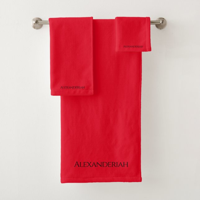 Modern Red Black Script monogrammed Name Bath Towel Set (Insitu)