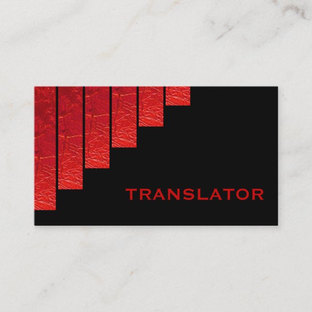 Modern red, black vertical stripes translator business card (Front)