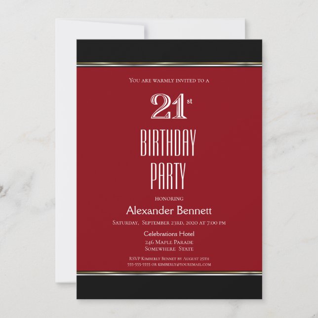 Modern Red Black White 21st Birthday Party Invitation (Front)
