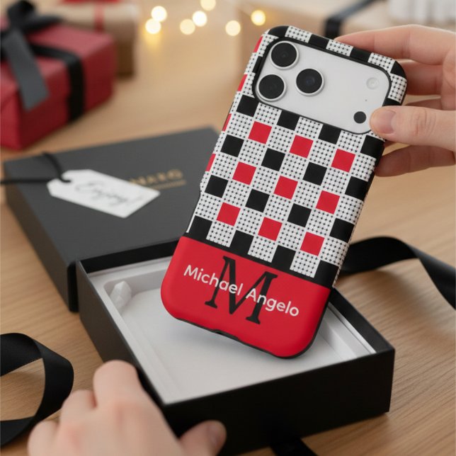 Modern Red Black & White Checkerboard Monogram iPhone Case (Creator Uploaded)