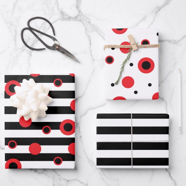 Modern red, black, white circles and stripes wrapping paper sheets (Front)