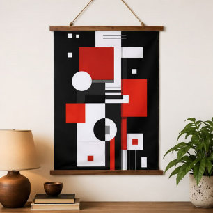 Modern Red Black White Geometric Abstract Art  Hanging Tapestry