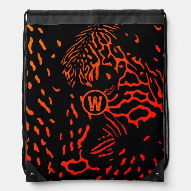 Modern Red Black Wildlife Animal Print Monogram Drawstring Bag (Front)