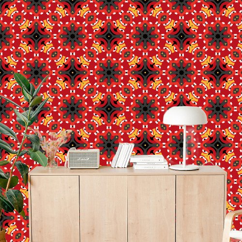 Modern Red Black Yellow Boho Chic Ethnic Folk Art Wallpaper