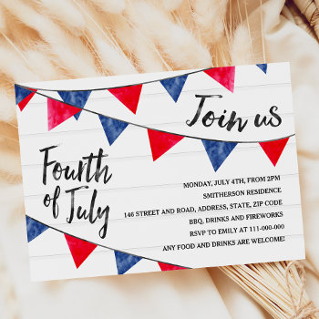 Modern Red Blue Bunting Flags Wood 4th Of July Invitation by girly_trend at Zazzle