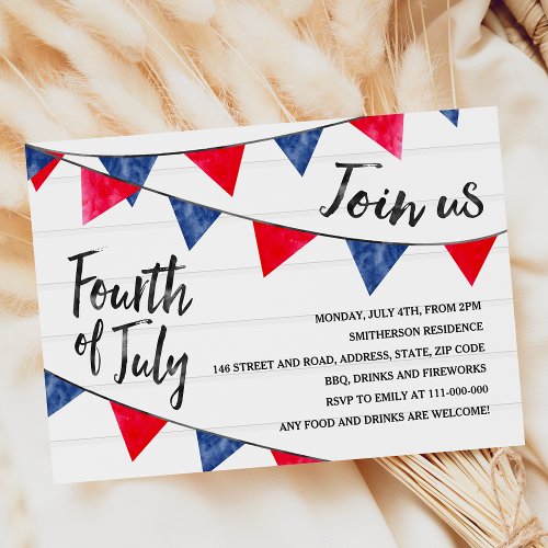 Modern red blue bunting flags wood 4th of July Invitation