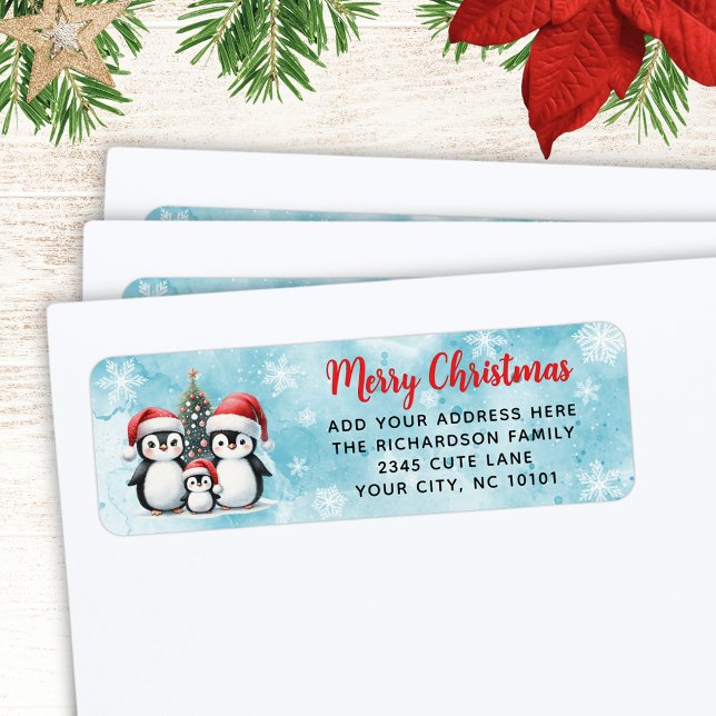 Modern Red Blue Christmas Cute Penguins Family Label (Creator Uploaded)