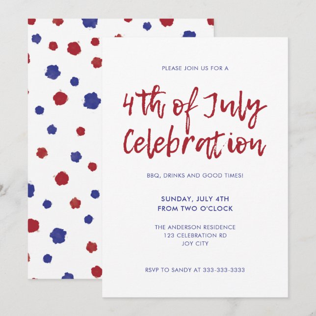 Modern Red Blue Dots Independence 4th of July Invitation (Front/Back)