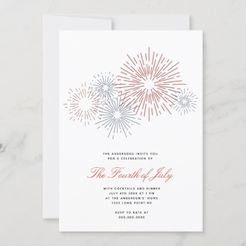 Modern Red  Blue Fireworks 4th of July Party BBQ Invitation