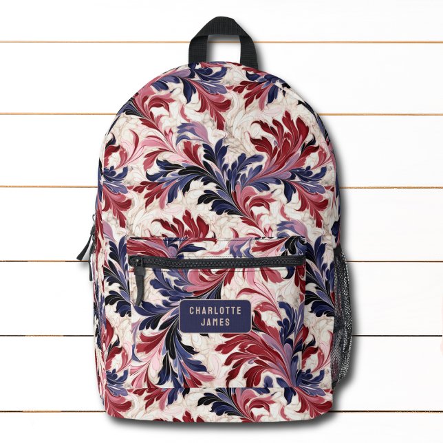 Modern Red Blue Floral Personalized Name Printed Backpack (Creator Uploaded)