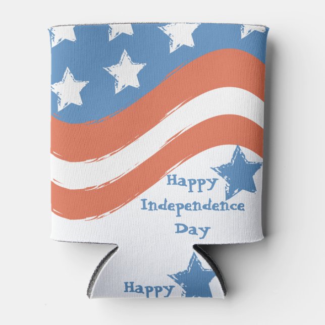 Modern Red Blue Happy Independence Day Patriotic  Can Cooler (Front)
