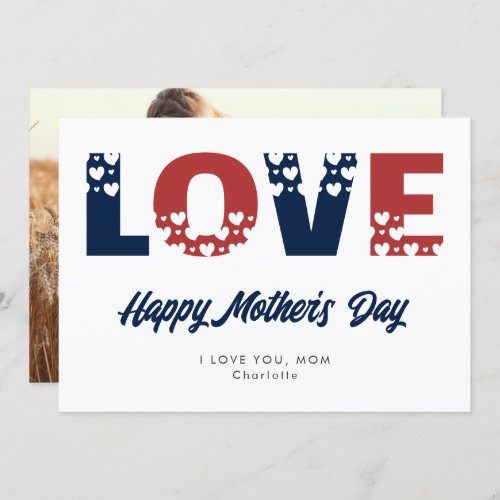 Modern Red Blue Hearts Photo Mothers Day Card