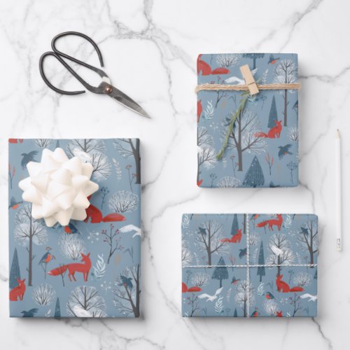 Modern Red Blue Nordic Winter Foxes Birds Pattern  Wrapping Paper Sheets