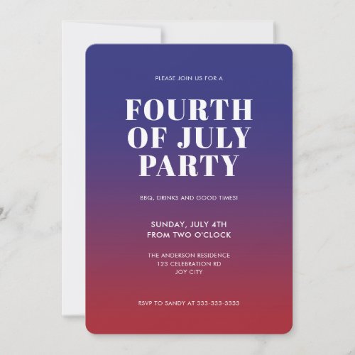 Modern Red Blue Ombre 4th of July Independence Inv Invitation