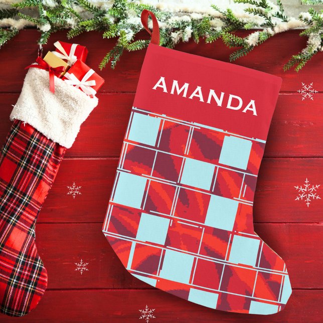 Modern Red Blue Plaid Pattern Name Small Christmas Stocking (Creator Uploaded)