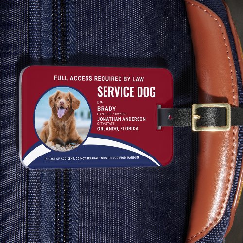 Modern Red Blue Simple Service Dog Photo ID Badge  Luggage Tag