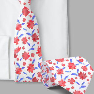 Modern red blue watercolor flowers neck tie