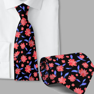 Modern red blue watercolor flowers neck tie