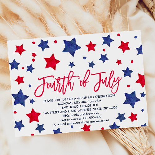 Modern red blue watercolor stars 4th of July Invitation