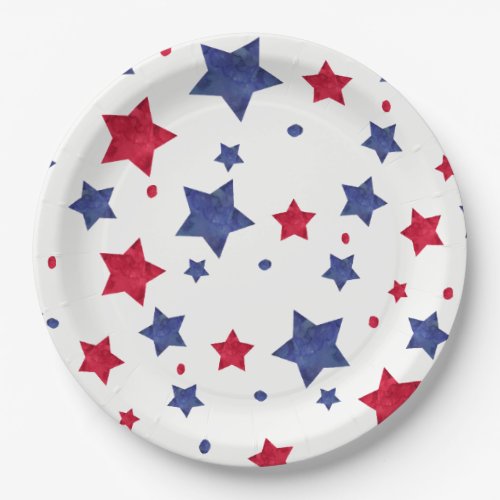 Modern red blue watercolor stars 4th of July Paper Plates