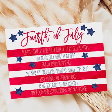 Modern Red Blue Watercolor Stripes 4th Of July Invitation