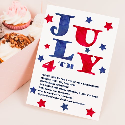 Modern red blue watercolor typography 4th of July Invitation