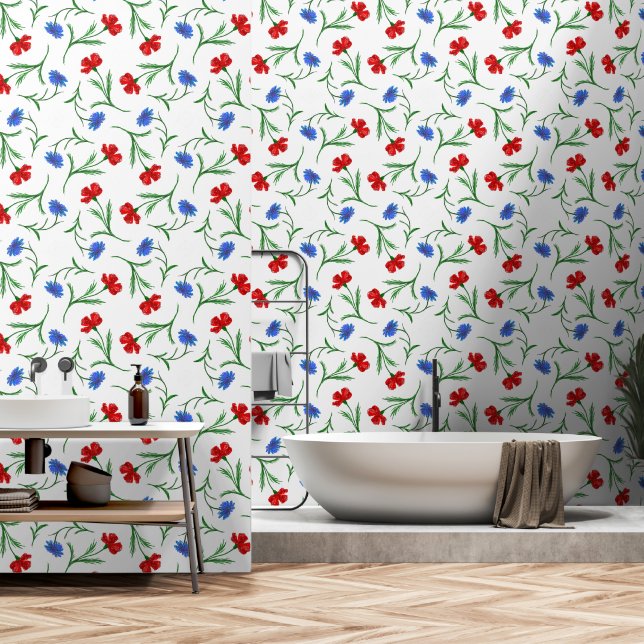  Modern Red Blue & White Floral Liberty Cute Girly Wallpaper (Bathroom)