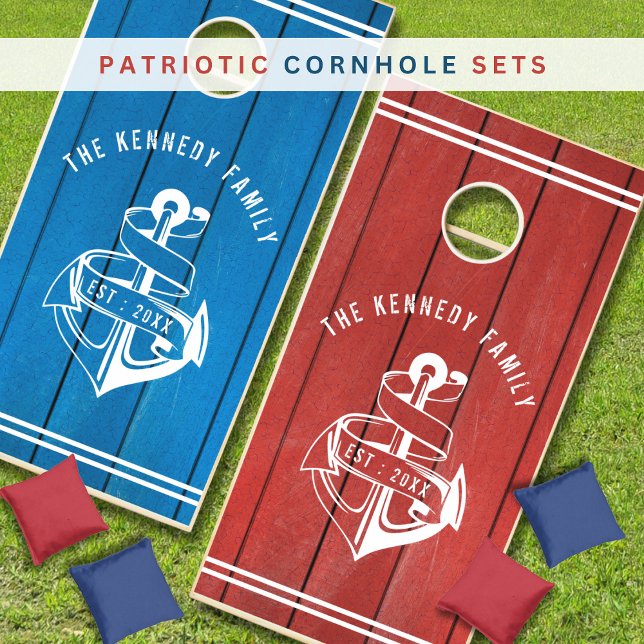 Modern Red Blue Wood Nautical Anchor Family Name Cornhole Set (Modern Red Blue Wood Nautical Anchor Family Name Cornhole Set
)