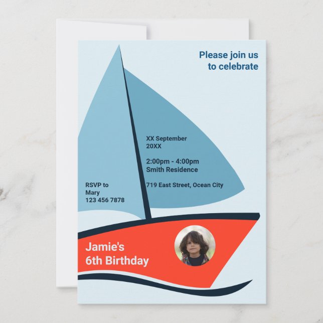 Modern Red Boat 6th Birthday Party Invitation Card (Front)