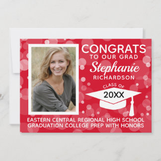 Modern Red Bokeh Bubbles Photo Graduation Invitation