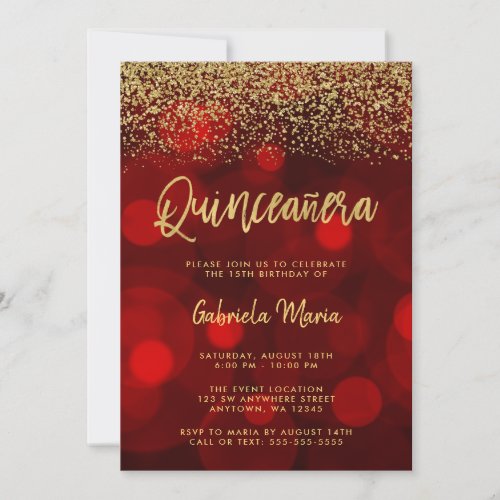 Modern Red Bokeh Gold Glitter Quinceanera Invitation