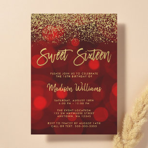 Modern Red Bokeh Gold Glitter Sweet 16 Invitation