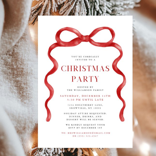 Modern Red Bow Christmas Party Invitation (Creator Uploaded)