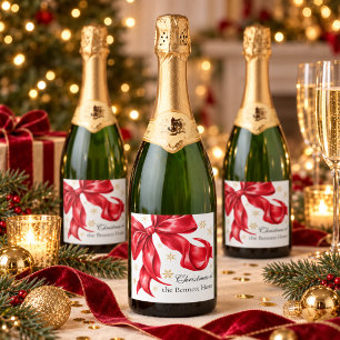 Modern Red Bow Christmas Sparkling Wine Label