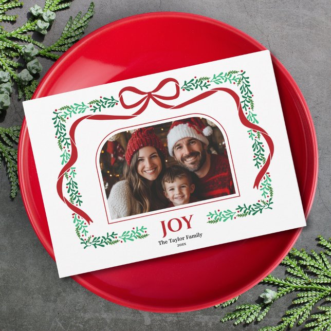 Modern Red Bow Joy Christmas Ribbon Photo Frame Invitation (christmas red bow and greenery arch photo frame)