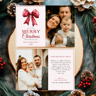 Modern Red Bow Merry Christmas Photo Holiday Card