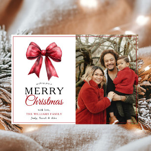 Modern Red Bow Merry Christmas Photo Holiday Card