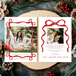 Modern Red Bow Merry Christmas Photo Holiday Card